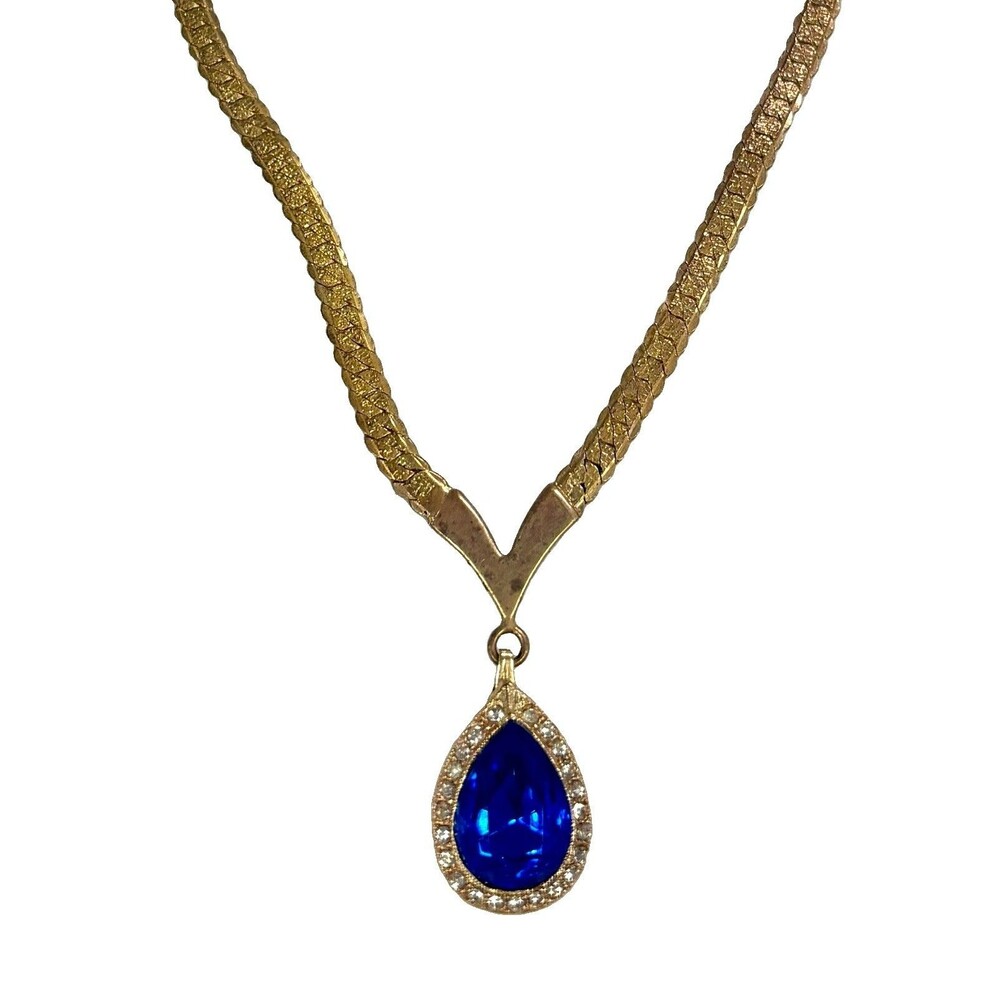 Vintage Cobalt Blue Rhinestone Teardrop Necklace Gold Tone Textured Chain 18”